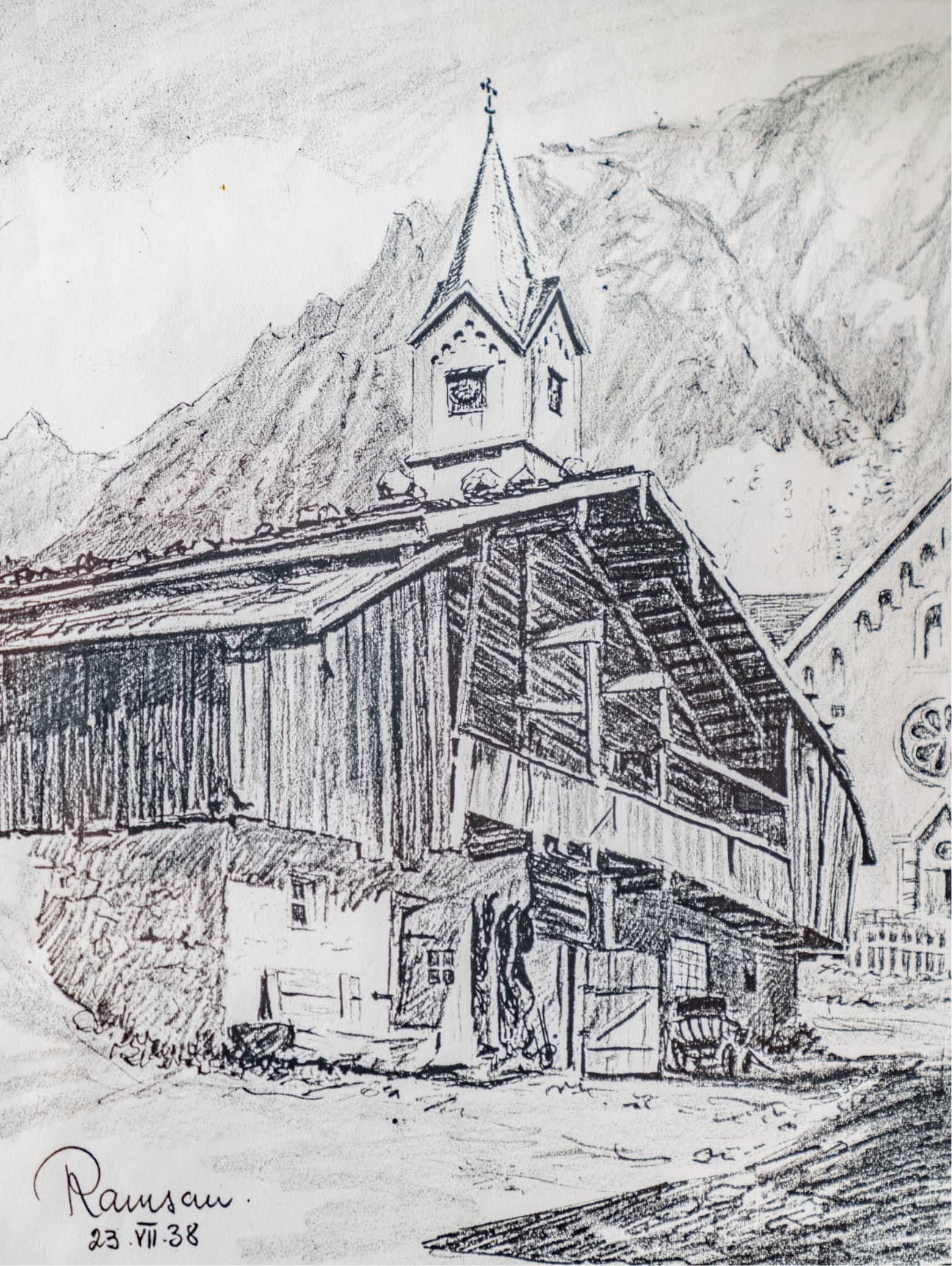 Skizze eines historischen Bauernhauses der Dachsteinregion.