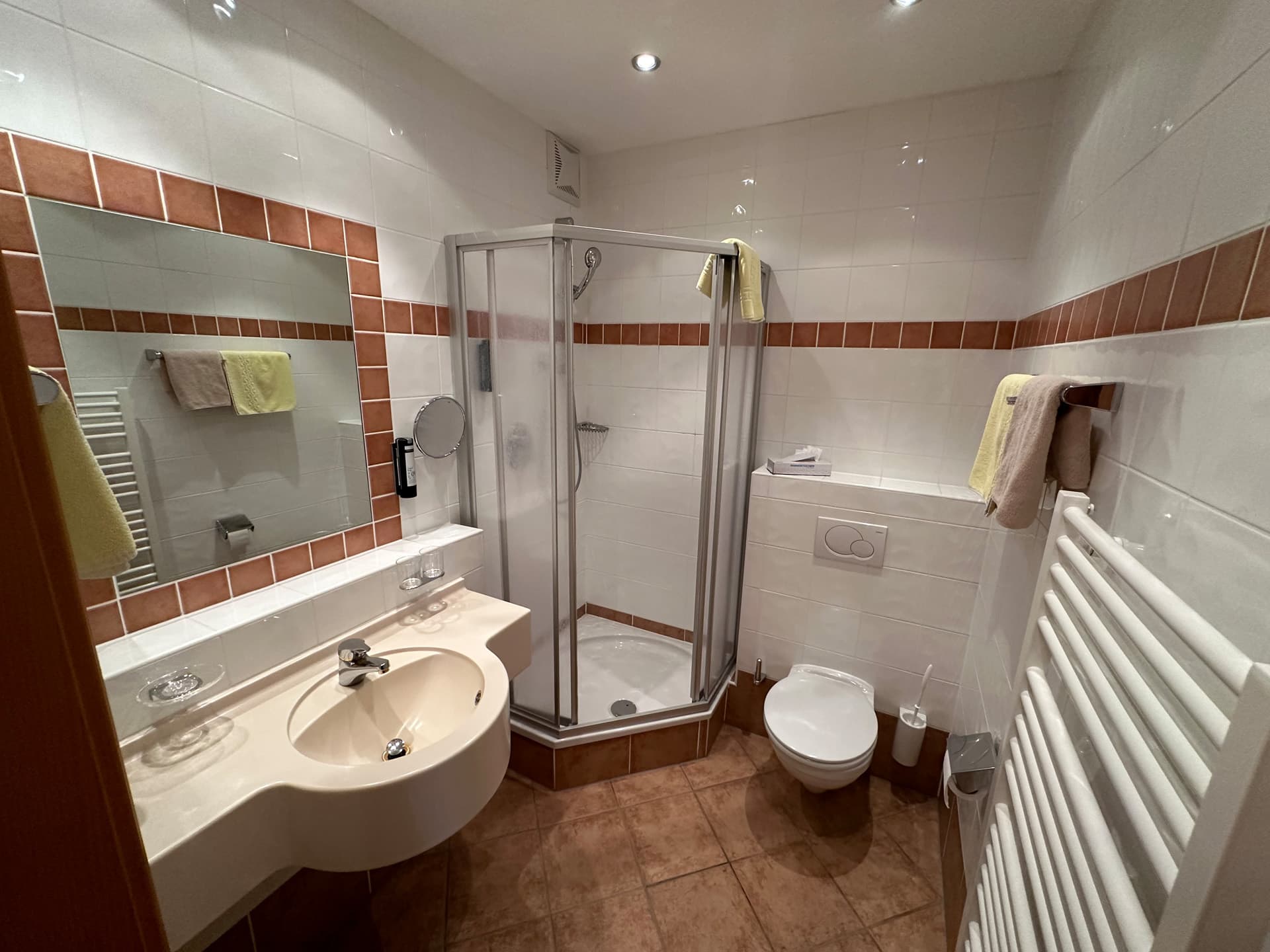 Badezimmer mit Dusche, Waschbecken und Natursteinfliesen im Hotel Pehab.