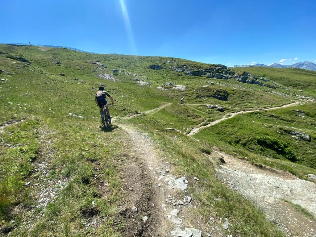 Weitläufiger grüner Almhang mit Wanderwegen rund um das Hotel Pehab.