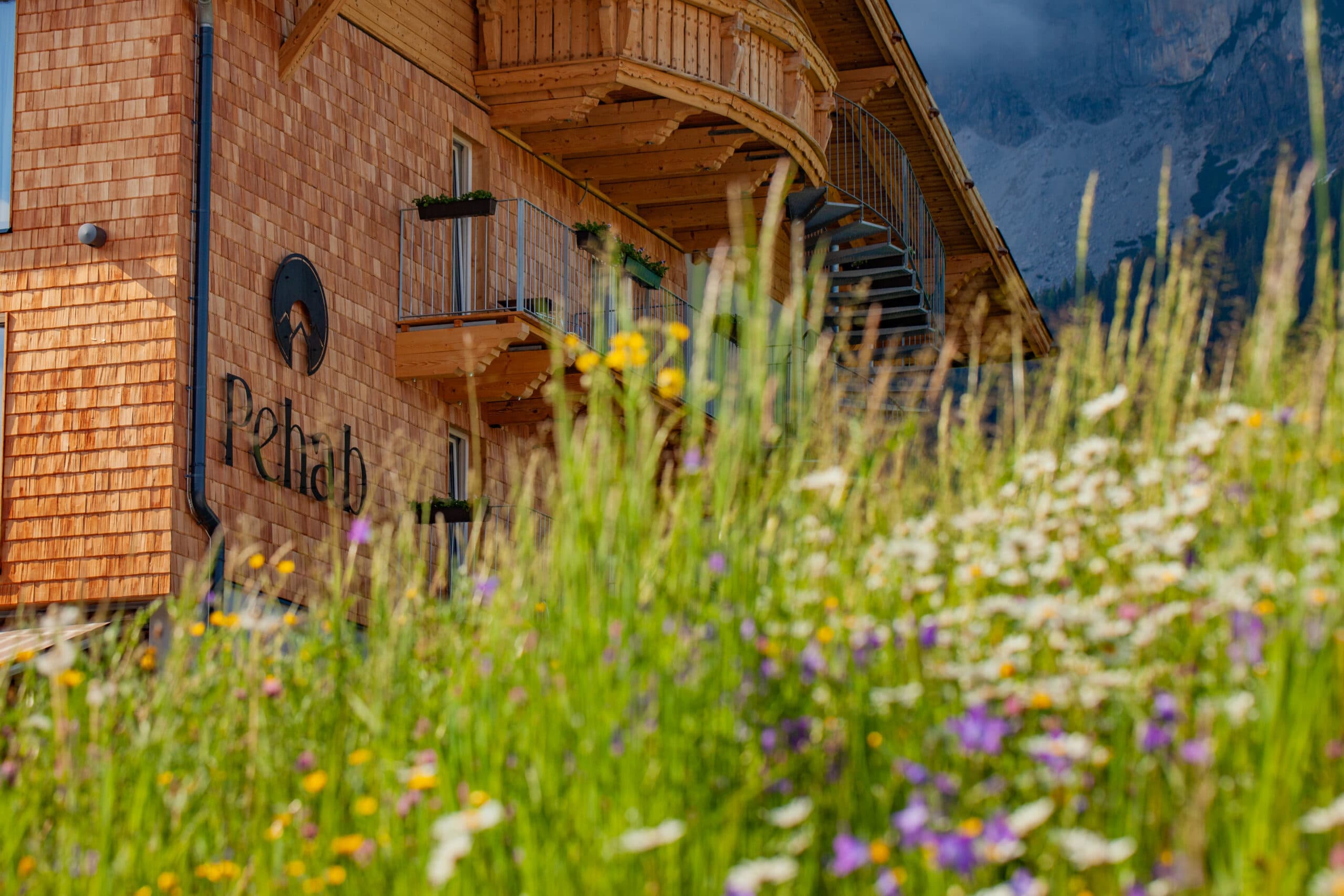 Sommerliche Blumenwiese vor alpinem Bauernhaus im Schladming-Dachstein-Gebiet.