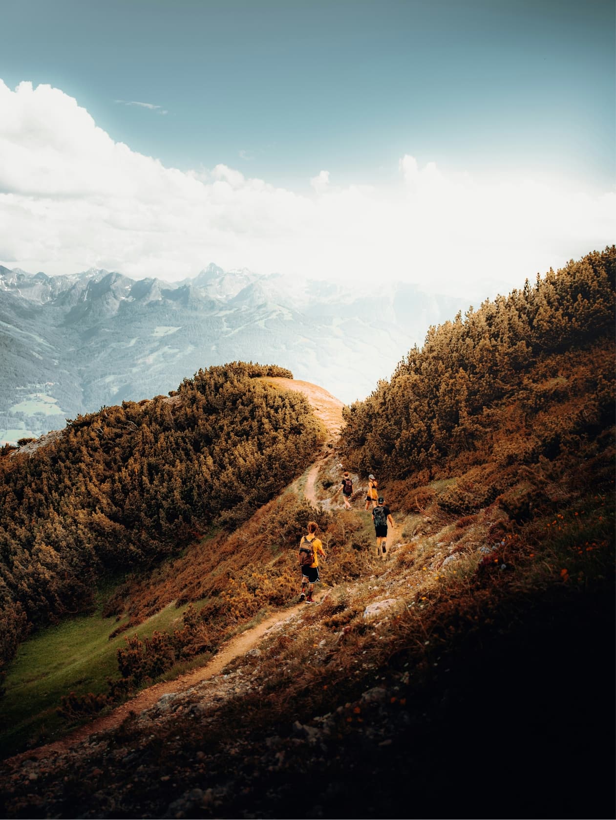 Wanderer steigen bei warmem Sonnenlicht einen Berghang hinauf.