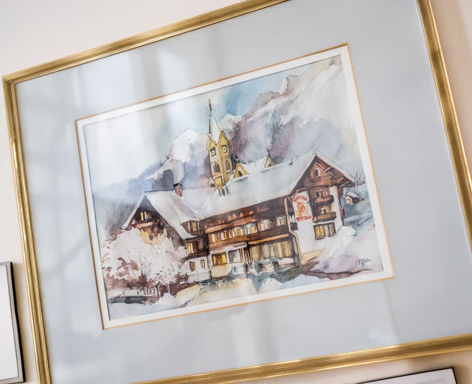 Aquarellbild eines traditionellen Hauses aus der Region Ramsau am Dachstein.