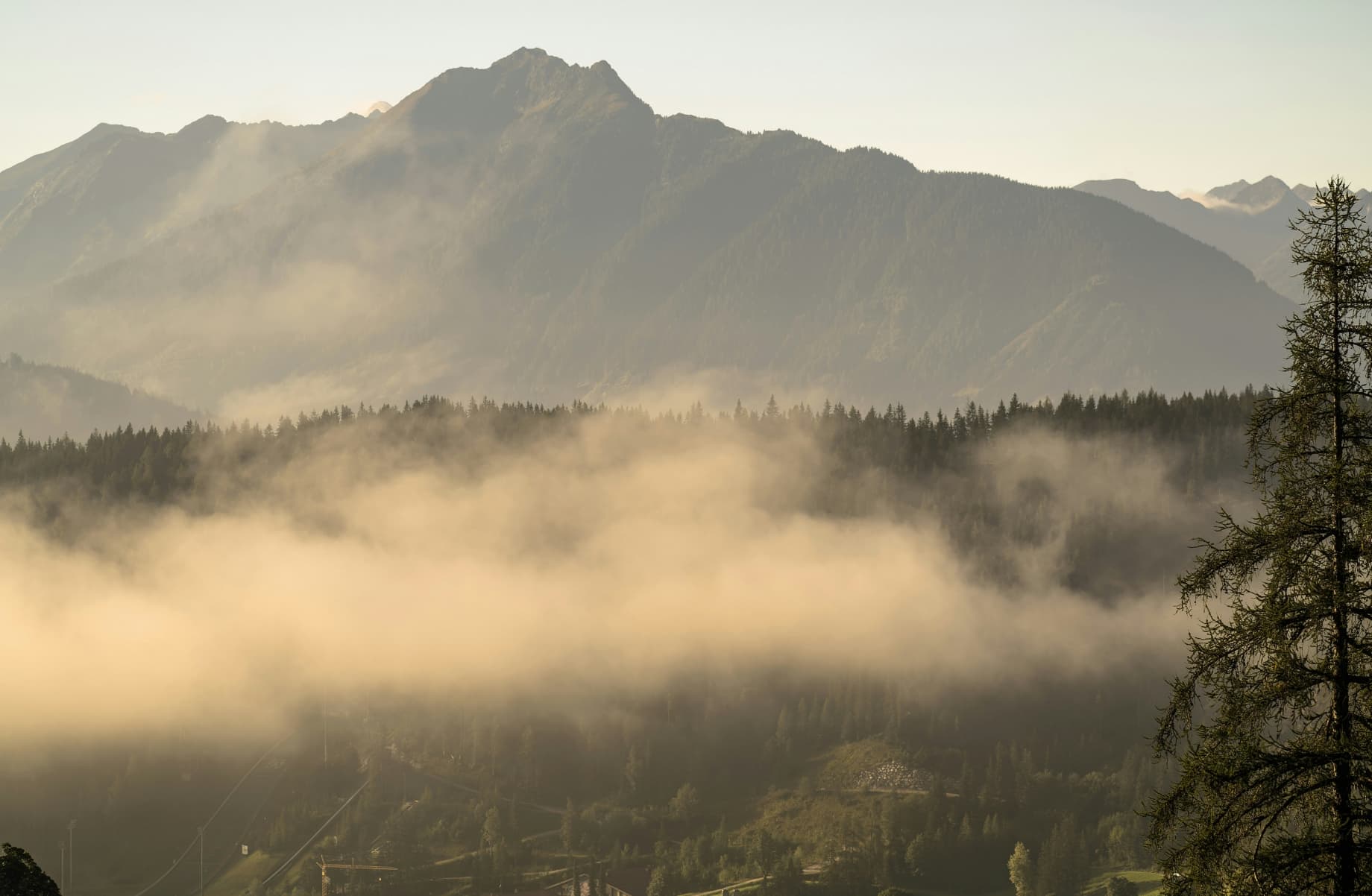 Morgennebel über den Bergen von Ramsau am Dachstein.